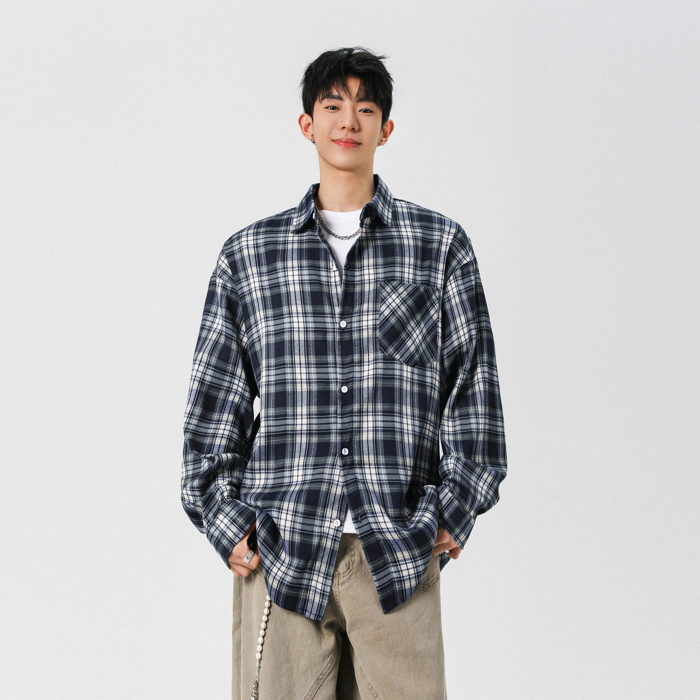 FOFWMODE秋季美式复古黑白格子长袖衬衫男女宽松休闲百搭潮牌衬衣