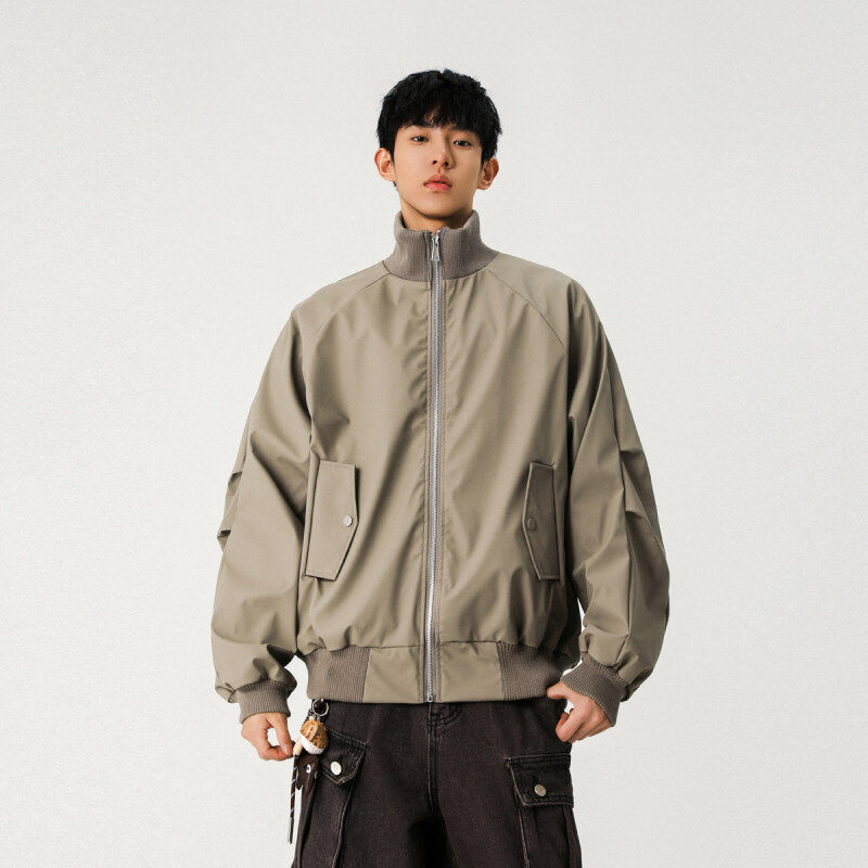 FOFWMODE 春季PU皮衣美式高街潮牌立领棒球飞行员宽松夹克外套男