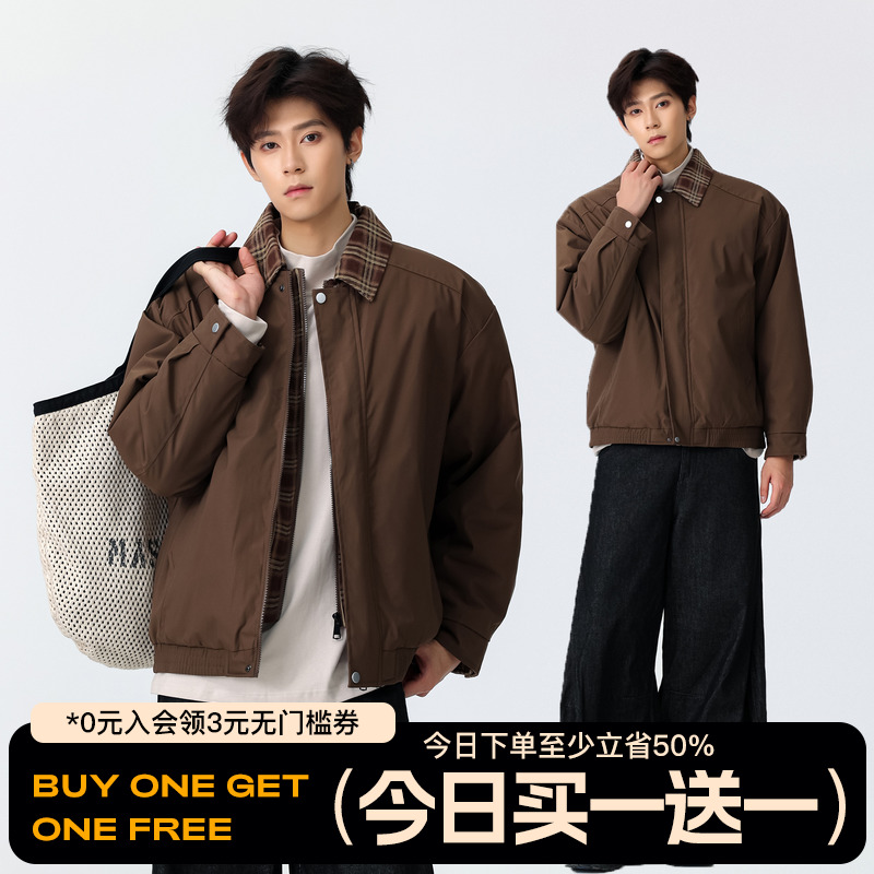 FOFWMODE 冬季美式假两件翻领棉服男女宽松夹棉加厚夹克潮牌外套