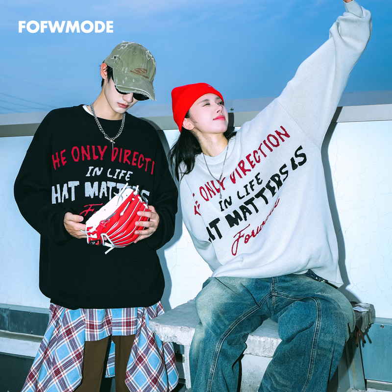 潮牌宽松字母毛衣FOFWMODE圆领