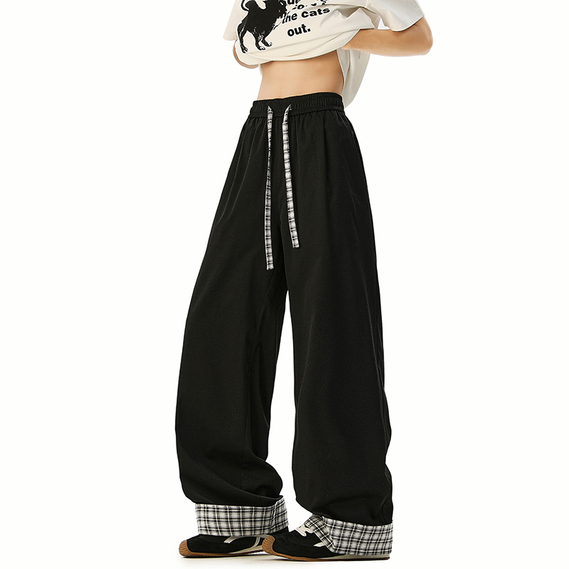 FOFWMODE 美式复古格纹拼接休闲裤男夏季宽松百搭直筒阔腿长裤潮