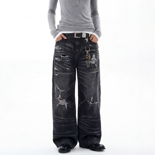 潮流长裤 街头个性 宽松直筒美式 FOFWMODE闪电猫须纹路破洞牛仔裤