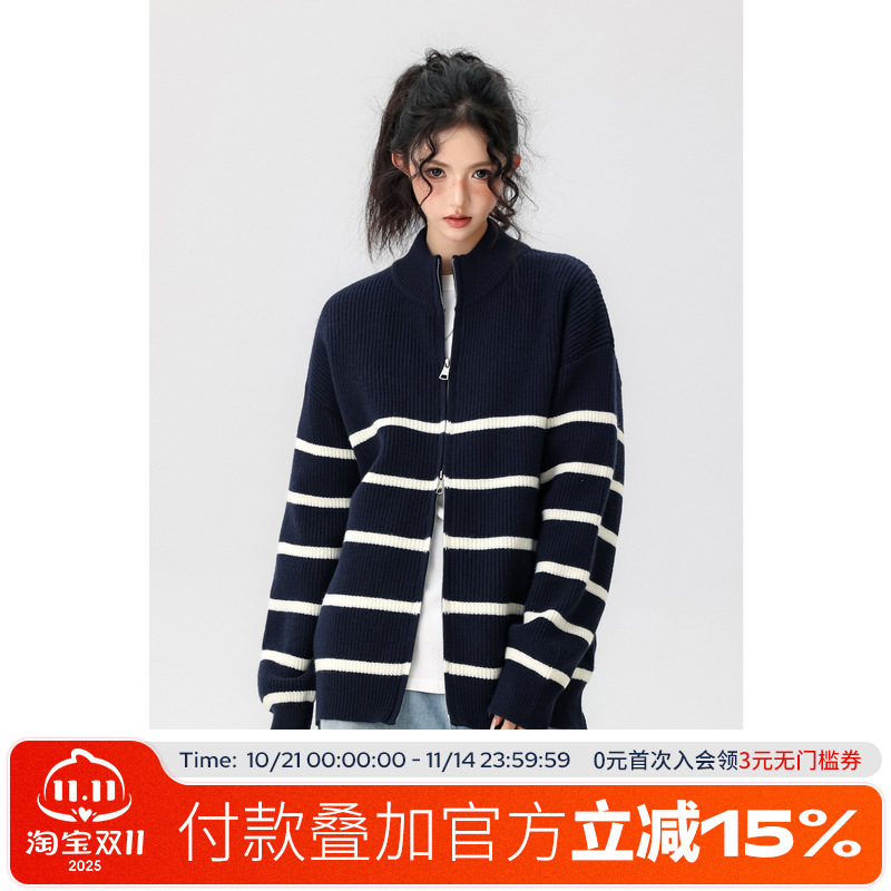 FOFWMODE 秋冬季条纹立领拉链开衫毛衣男女宽松慵懒风针织衫外套