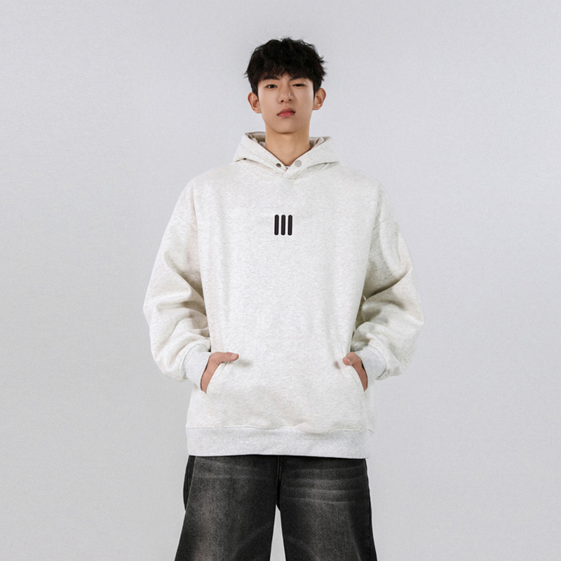 FOFWMODE春季美式三条杠刺绣连帽卫衣男女宽松情侣款套头帽衫外套