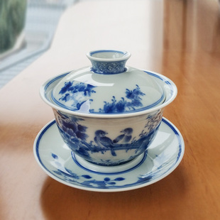 景德镇茶具三才盖碗全手工手绘纯正柴窑青花国色天香盖碗150cc