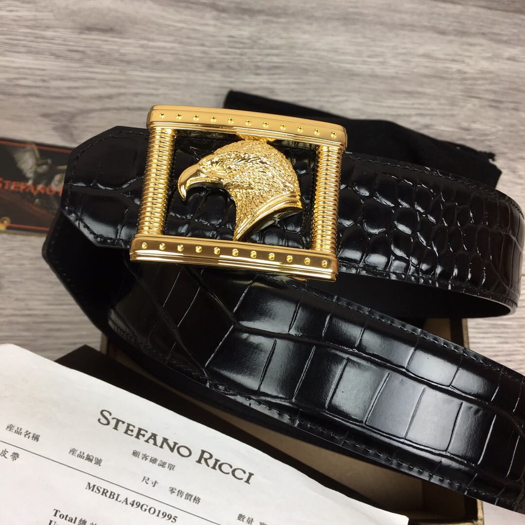 史蒂芬皮带男 新款四方老鹰头男士牛皮鳄鱼纹不锈钢扣百搭腰带3.8