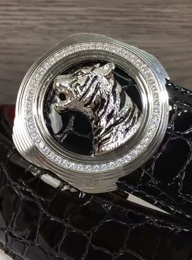 史蒂芬皮带男 表盘镶钻老虎头男士头层牛皮鳄鱼纹不锈钢扣腰带3.8