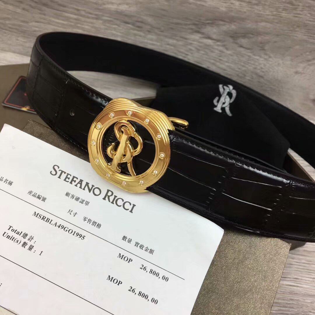 史蒂芬皮带男 新款表盘镶钻SR男士头层牛皮鳄鱼纹不锈钢扣腰带3.8