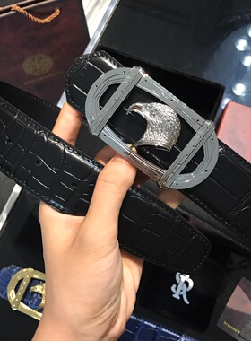 史蒂芬皮带男 新款双条杠鹰头男士牛皮鳄鱼纹不锈钢扣百搭腰带3.8