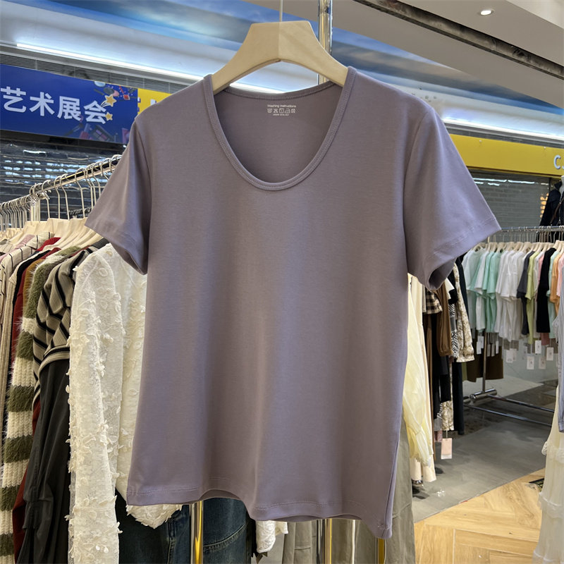 三可2025春夏新款纯棉螺纹短袖T恤女宽松圆领纯色百搭打底衫上衣