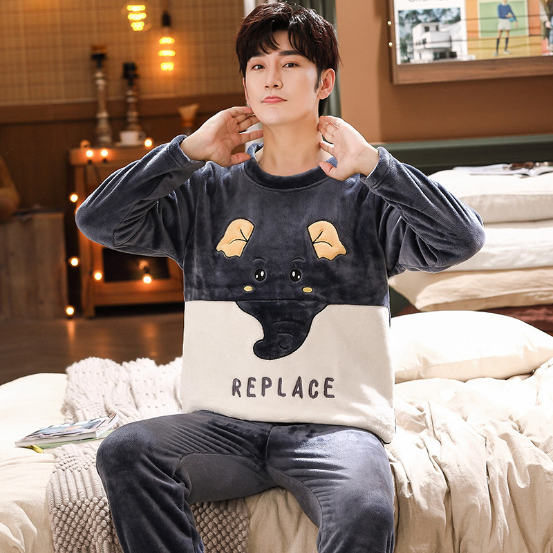 珊瑚绒睡衣男童冬季加绒加厚大童加肥加大码卡通套头青少年法兰绒