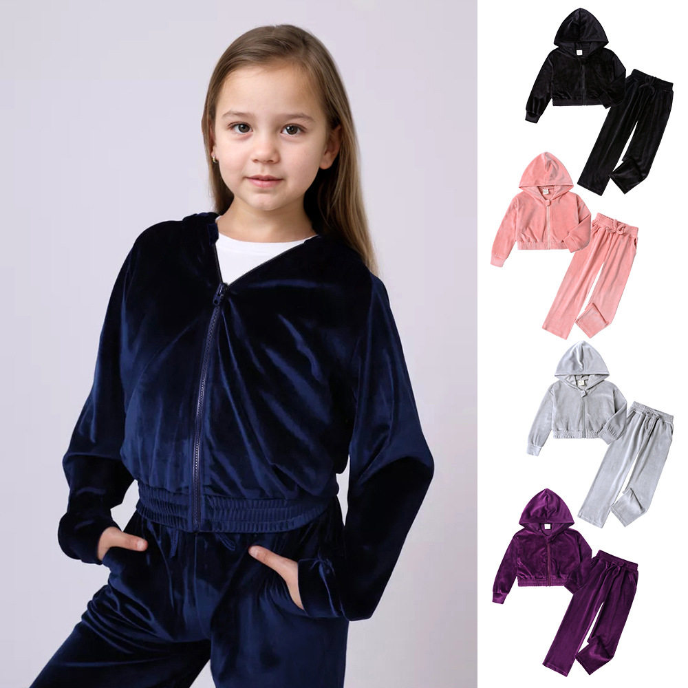 2026出口欧美外贸秋冬女童时尚运动帽金丝绒套装休闲卫衣两件套,童装/婴儿装/亲子装,儿童运动套装,淘宝优惠券,粉丝福利购,淘宝优惠卷