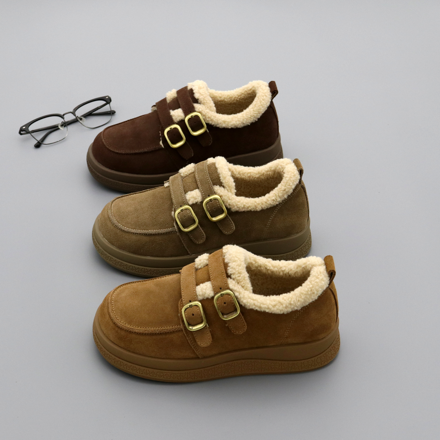 真皮加绒乐福鞋女厚底休闲棉鞋