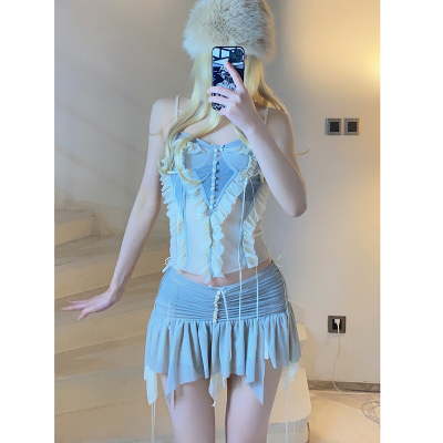 网纱拼接荷叶边时尚套装仙气