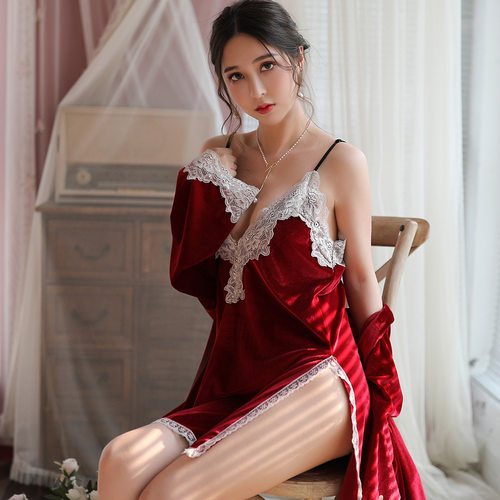 美来美去秋冬金丝绒睡衣套装性感蕾丝开叉金丝绒睡裙女5901