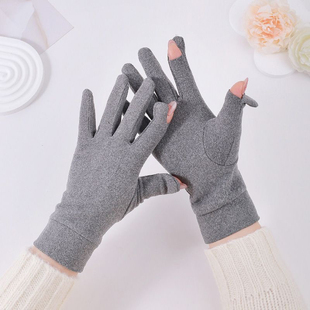 手套女秋冬季保暖防寒德绒单层触屏弹力漏手指头骑车户外薄款翻盖