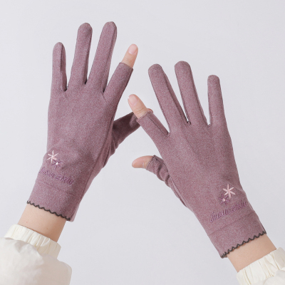 德绒女士手套露二指冬季保暖双面绒高弹力学生写字春秋薄款漏两指