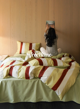 盐系条纹100s全棉贡缎磨毛四件套 简约复古A类纯棉亲肤保暖床品