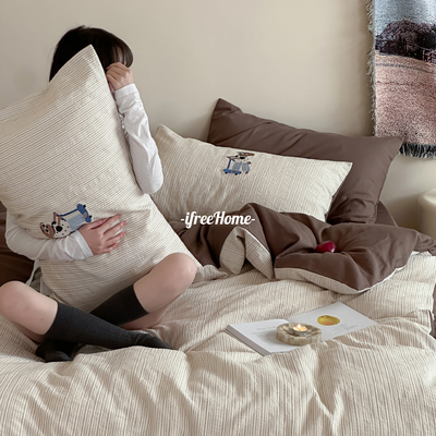 ins风简约全棉水洗提花四件套 纯棉双层纱亲肤刺绣条纹被套床品