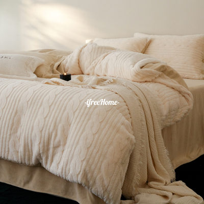 冬日极简牛奶绒四件套高克重加厚保暖兔毛绒浮雕提花纽扣款床品