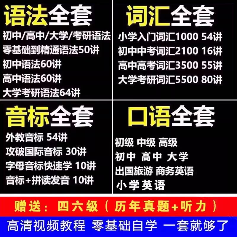 英语语法视频教程零基础大全套入门小学初中高中大学词汇口语课程