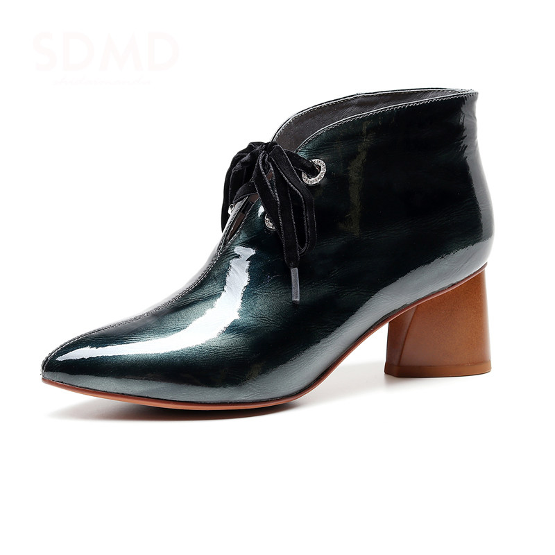 真皮短靴女20冬季新款牛漆皮中粗跟女靴前系带尖头及踝靴时装靴|ruв категории Женская обувь, сапоги - от Buy2taobao.com для оказания профессиональной услуги покупки агента Taobao