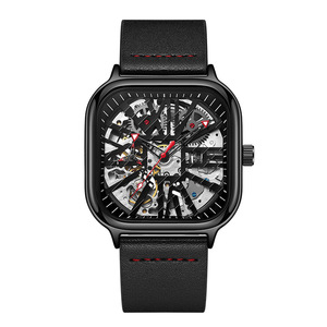 新款男个性自动机械手表镂空时尚方形休闲皮带钢带陀飞轮国产腕表
