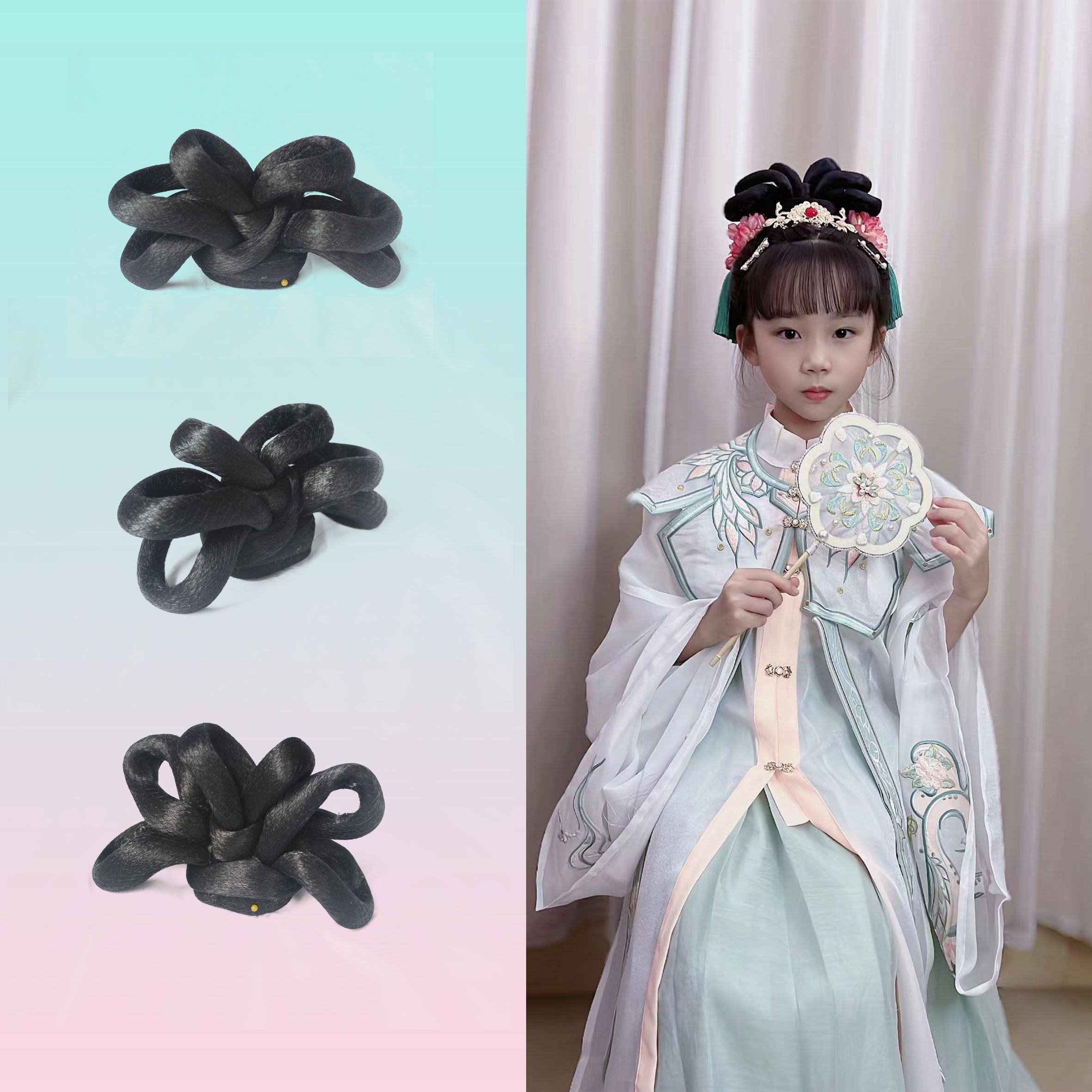 可带凤冠儿童古风汉服假发包舞台演出花朝节女中童花仙子软底发髻