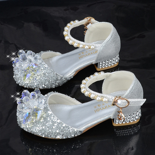 儿童水晶鞋水钻银色公主鞋女童亮片鞋主持钢琴表演出小女孩高跟鞋