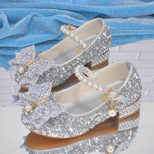 女童公主鞋春秋新款亮片水晶鞋小女孩单皮鞋蝴蝶结银色儿童高跟鞋