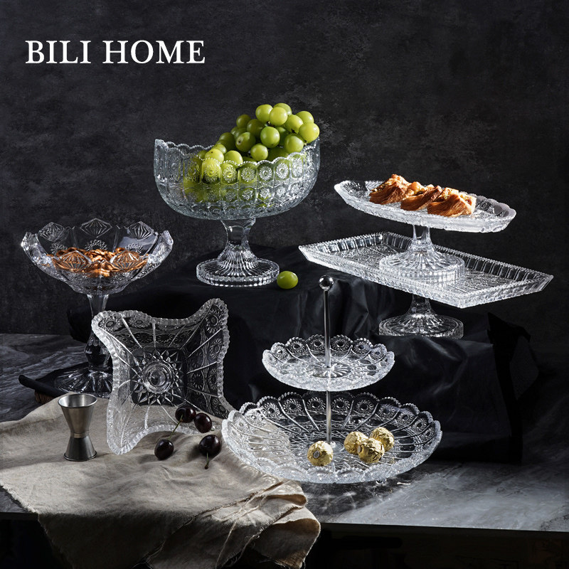 新款诧寂风白色甜品台多层透明展示架欧式玻璃蛋糕盘高脚水晶果盘