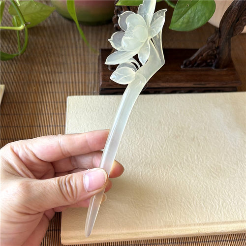 天然岫玉发簪白冰荷花簪子原物实拍正品A岫岩玉汉服头饰荷花发簪