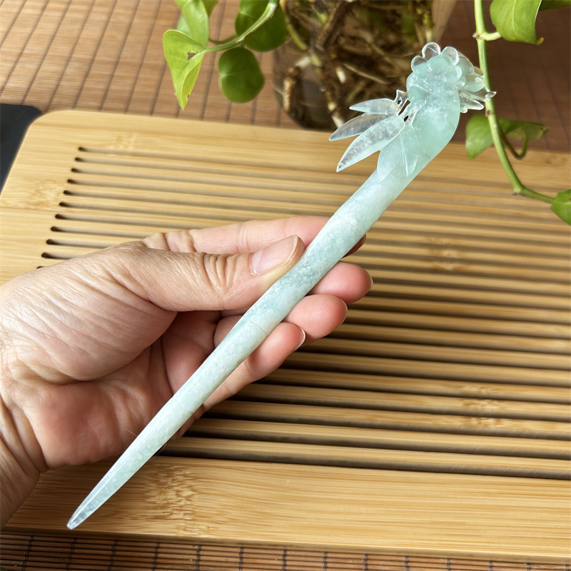 天然岫玉发簪蓝冰梅竹玉簪原物实拍正品岫岩玉石天青冻发簪玉簪子