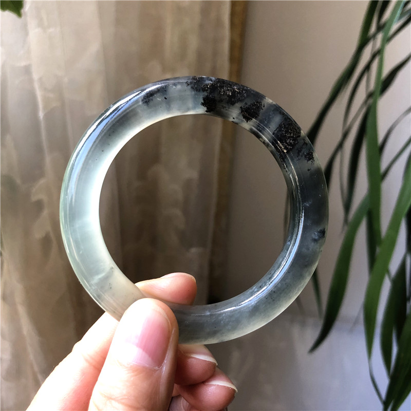 天然岫玉水墨飘花料圆条手镯