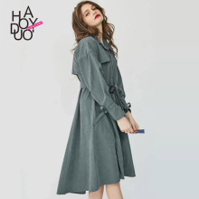 口系带纯色显瘦中长款 长袖 连衣裙女 Haoduoyi秋冬新款 单排扣风衣袖