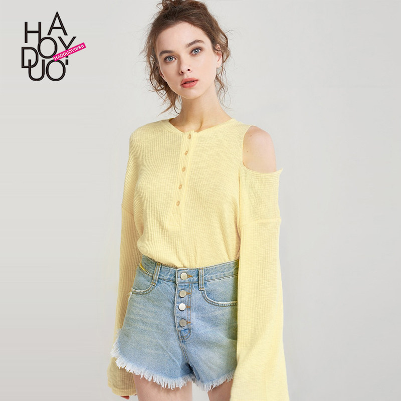 Haoduoyi Europe and America Simplicity fashion Button decorate One shoulder Hollow strapless Asymmetry pagoda sleeve jacketin the Women's clothing/Boutique , Shirt  category - from Buy2taobao.com to provide professional Taobao agent buy service