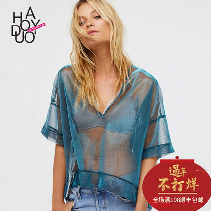 Haoduoyi2017夏季新款女装 欧美性感网纱透视落肩宽松五分袖T恤-tmall.com天猫