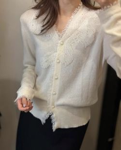 精致100%纯山羊绒衫蕾丝孔雀羽毛V领针织衫开衫