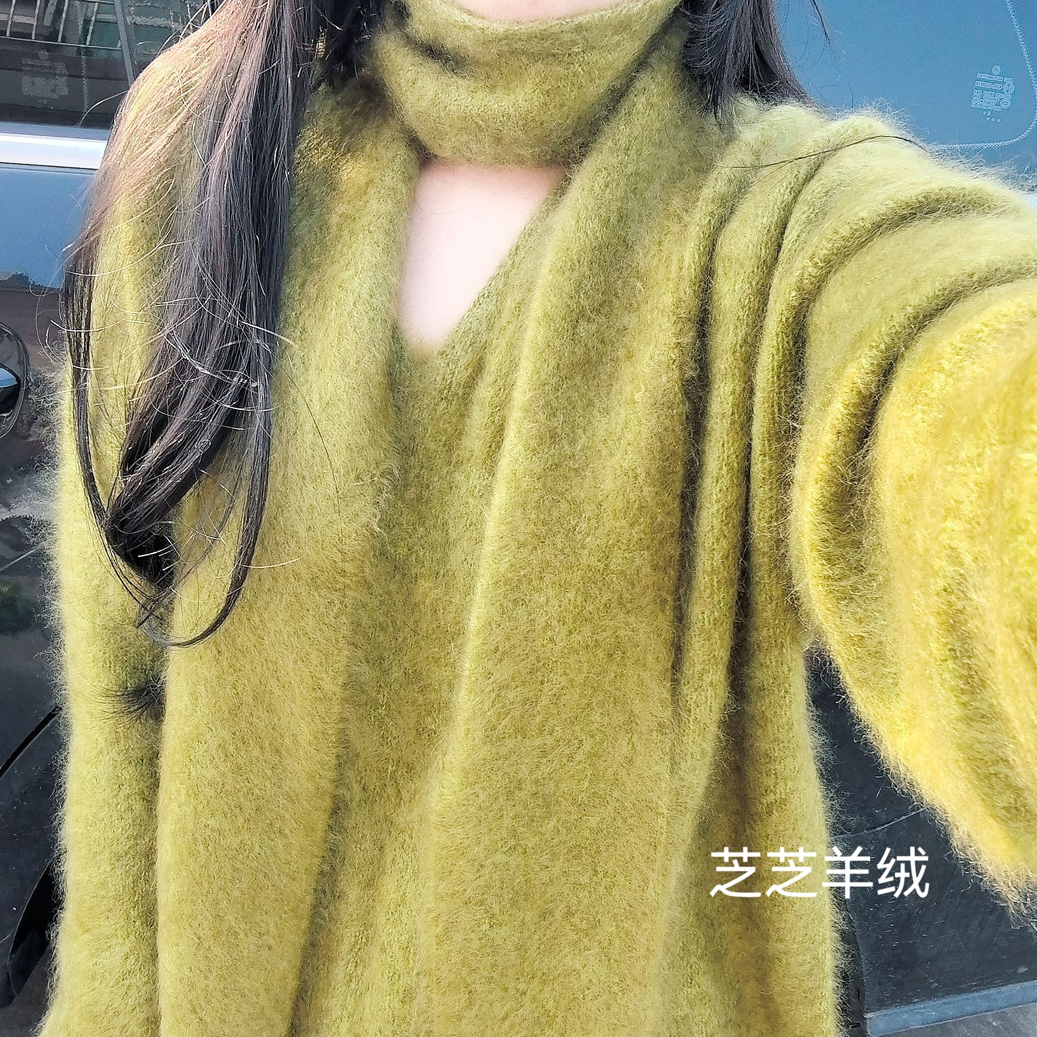 自留100山羊绒V领拉毛羊绒衫针织衫毛衣围巾软糯套头长袖宽松慵懒