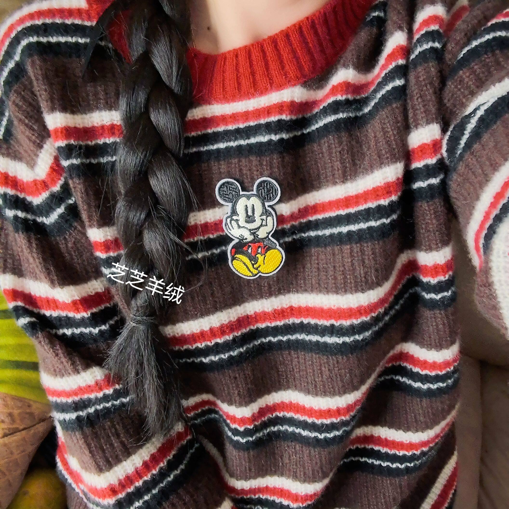 百分百纯山羊绒衫拼色条纹减龄休闲长袖米老鼠卡通羊绒针织衫毛衣