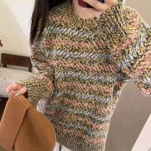 100纯山羊绒衫圆领套头长袖拼色重工花纱针织衫毛衣
