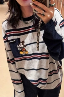 100%纯山羊绒衫米奇条纹拼色休闲年轻减龄圆领长袖套头针织衫宽松