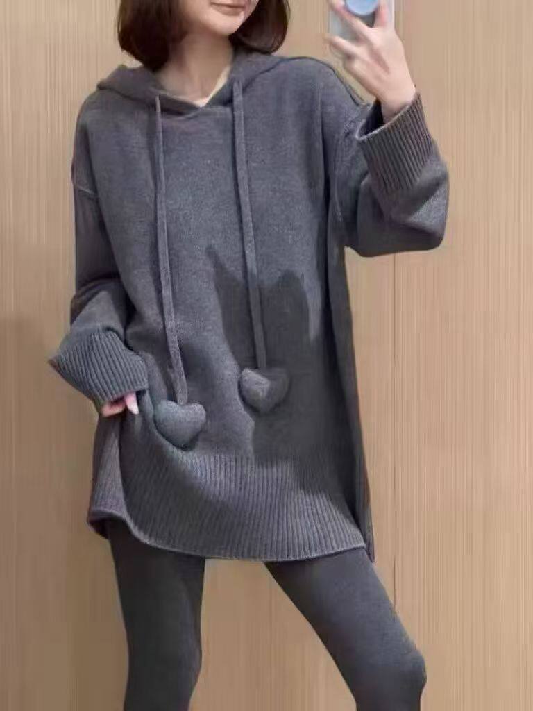 中长款100%纯羊绒衫纯色长袖卫衣款连帽衫针织衫毛衣长裙宽松休闲