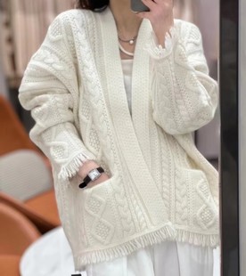 百分百纯山羊绒开衫重磅加厚麻花口袋针织羊绒大开衫