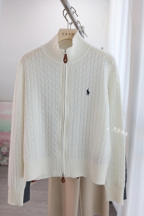 100%纯山羊绒衫小马标麻花半高领休闲双拉链开衫毛衣外套针织衫