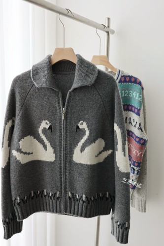 100山羊绒衫星家天鹅翻领设计拉链开衫针织衫毛衣厚