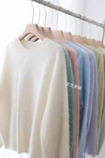 100%纯山羊绒拉绒长毛纯色简约圆领长袖针织衫女毛衣羊绒衫