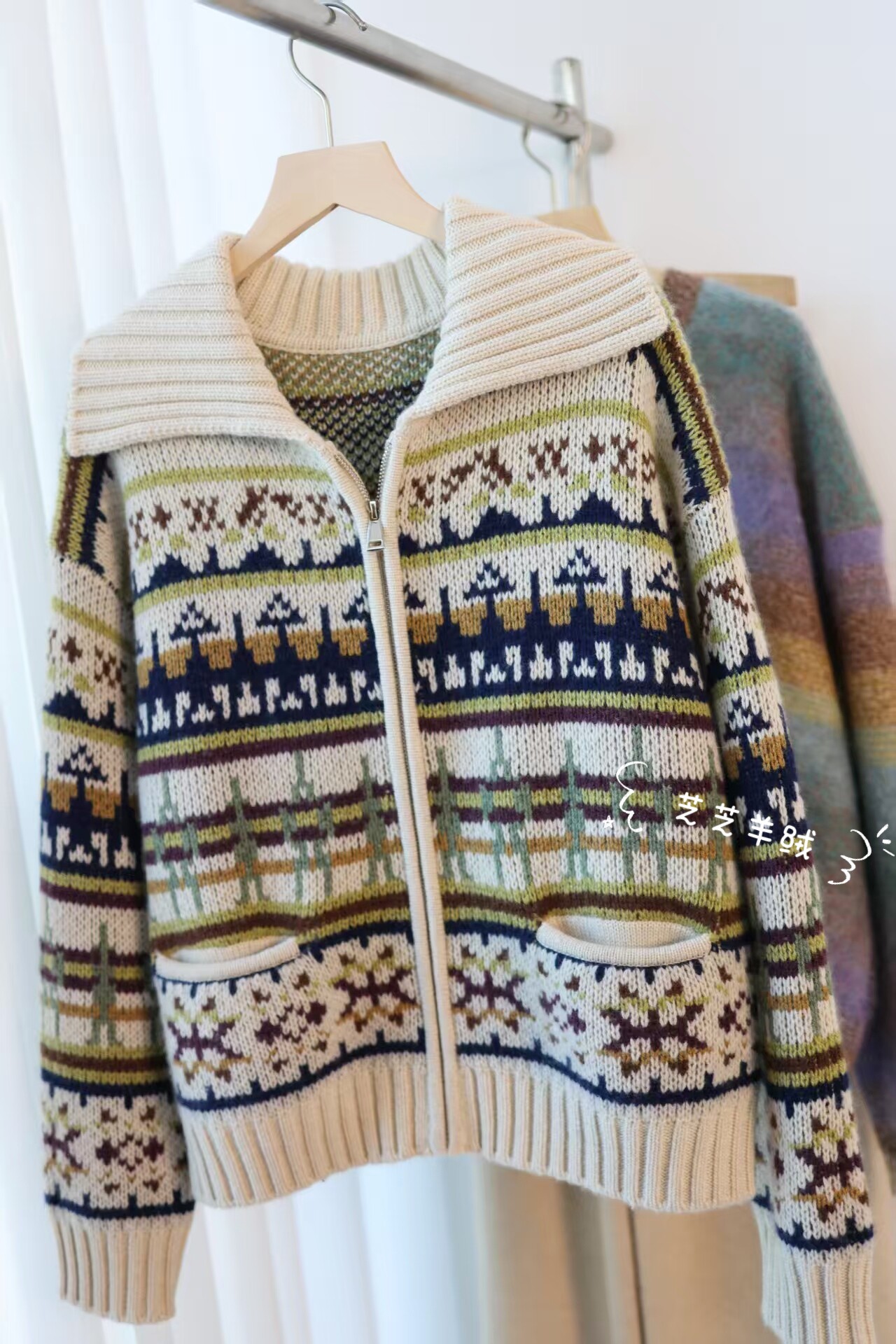 100%纯山羊绒衫星家提花拼色翻领高领口袋拉链开衫长袖毛衣外套厚