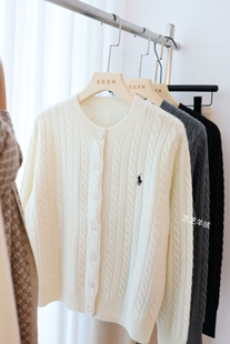 高端品牌纱线100%纯山羊绒衫小马标经典麻花圆领长袖针织衫开衫女