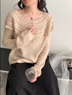 纯山羊绒甜美镂空花边钩花长袖圆领百分百纯羊绒衫针织衫女